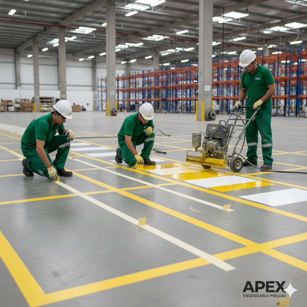 Equipe da APEX realizando demarcação de pisos em galpão industrial