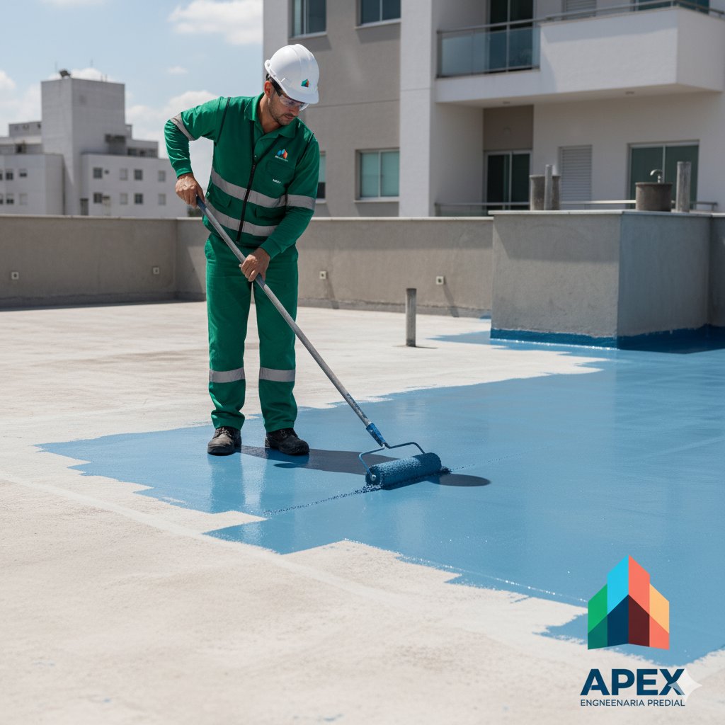 Técnico da APEX aplicando impermeabilização azul em laje residencial
