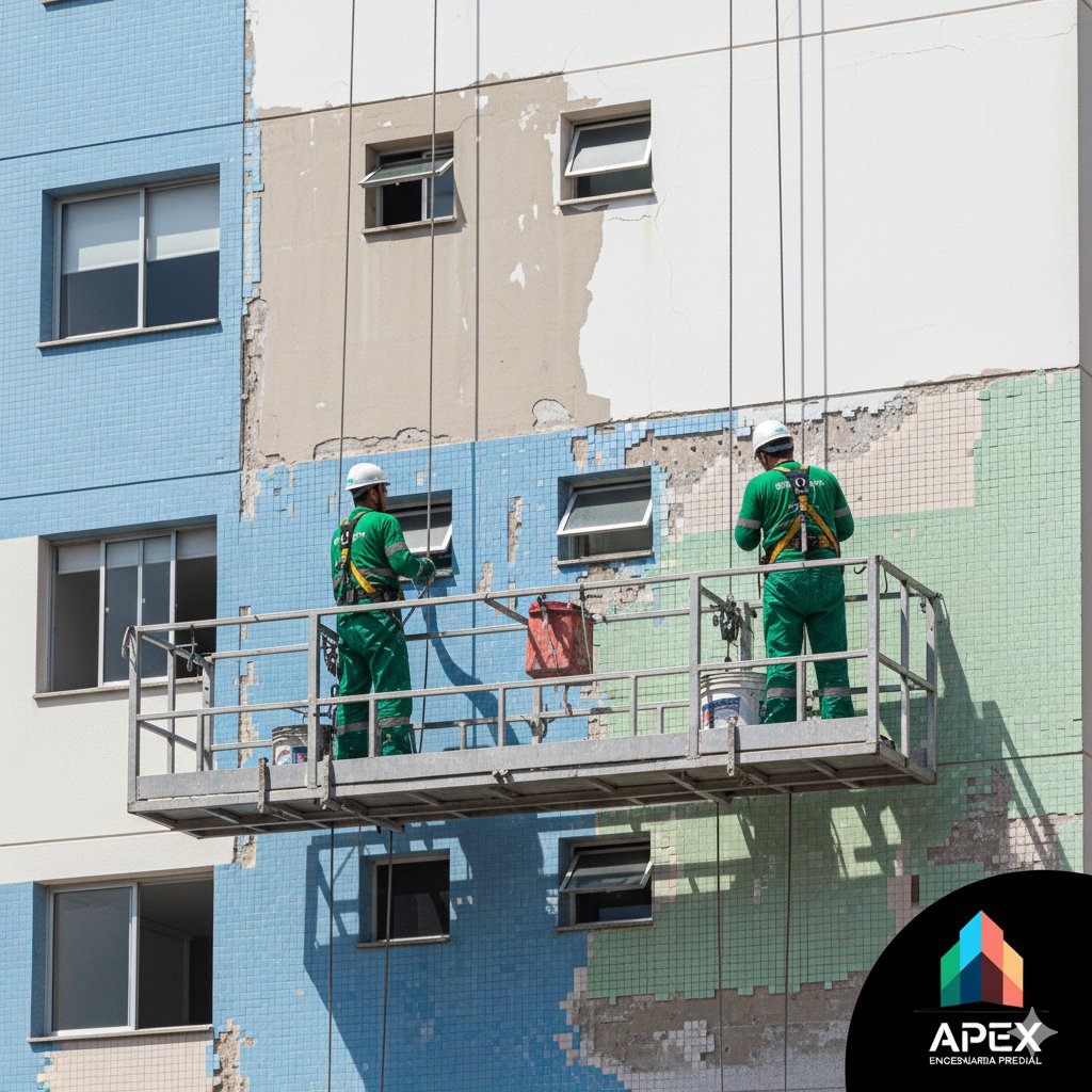 Técnicos da APEX recuperando fachada com plataforma suspensa