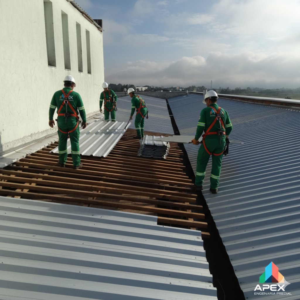 Equipe da APEX realizando reforma de telhado em Porto Alegre