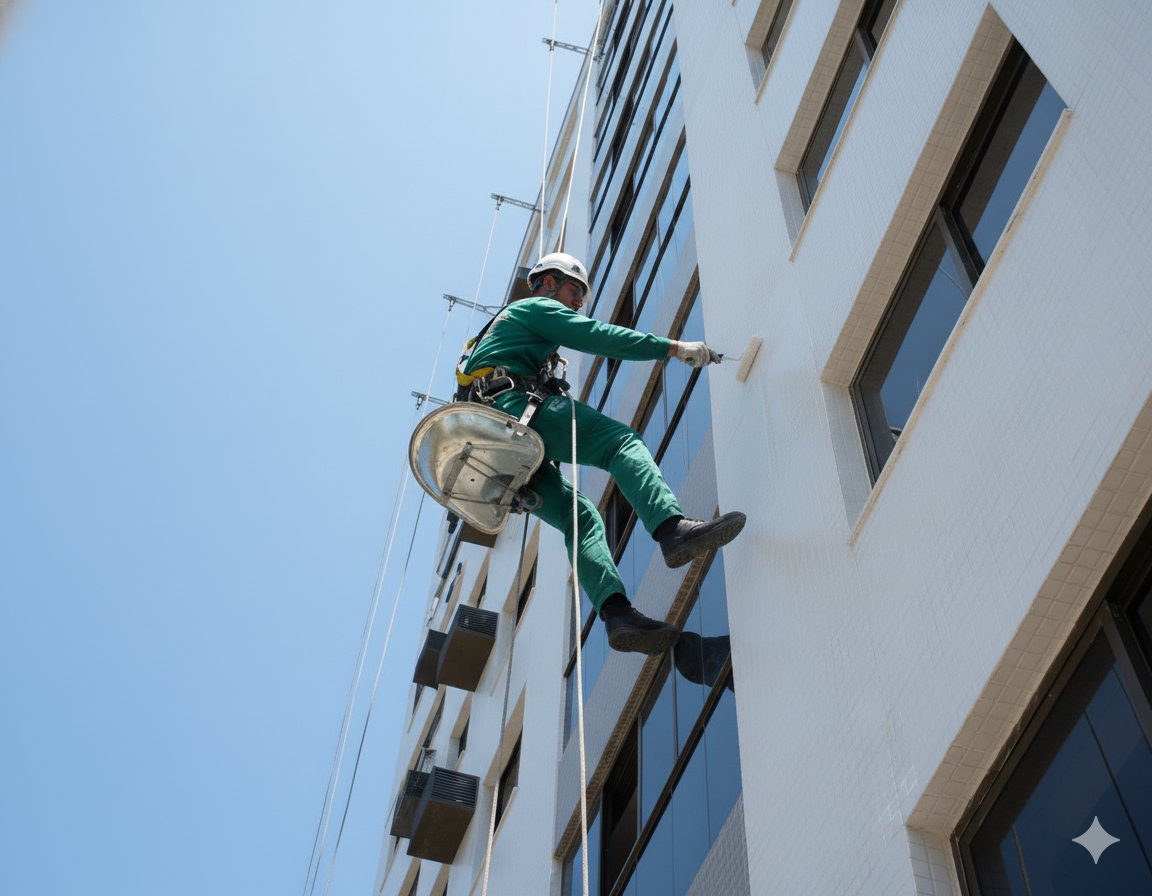 Profissional da APEX realizando pintura em altura com acesso por cordas